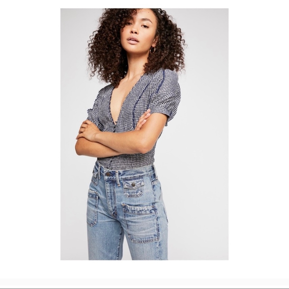 Free People Gingham blue top XS